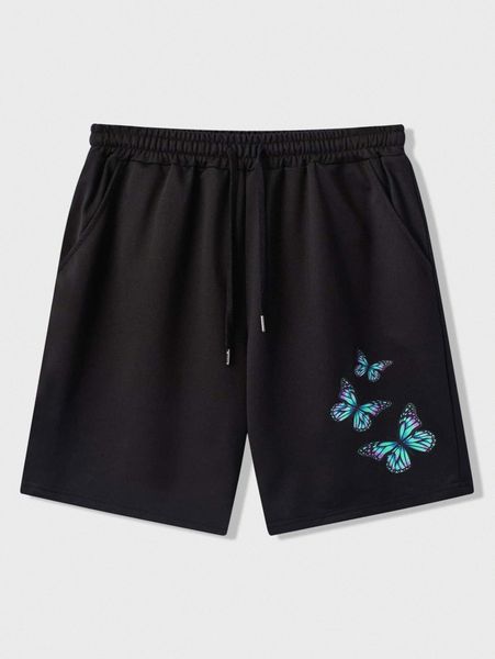 

men butterfly print drawstring waist shorts a89y#, Black