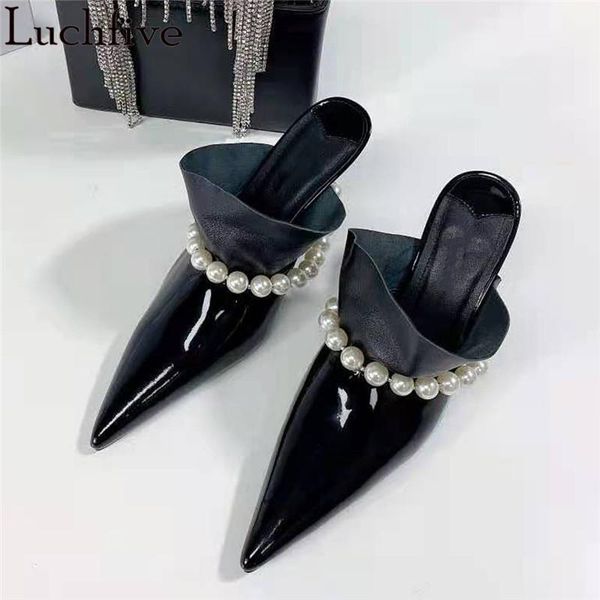 

ruffle pointy toe slippers women string beads party shoes hoof heels mule outwear black patent leather sapatos feminina