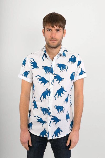 

men's polos mens 100% cotton short sleeve slim fit shirt blue white monkey print, White;black