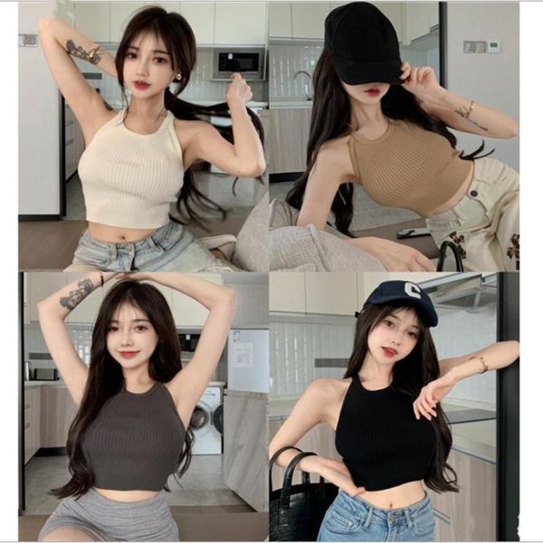 

women's tanks & camis knitted camisole ladies halterneck vest outer wear slim short navel inner streetwear bustier, White