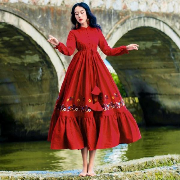 

casual dresses vintage retro red maxi dress autumn full sleeve slim embroidery ruffle long swing vestidos, Black;gray