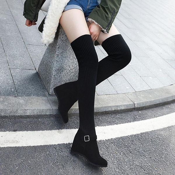 

boots slim knitting over the knee women thigh high ladies wedge heel black shoes sock plus size 34-43