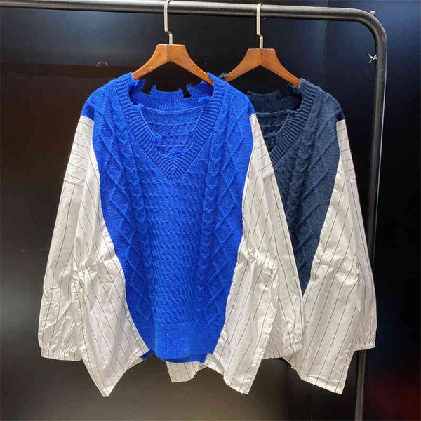 

women's sweaters [ewq] fashion chic spliced striped knitted pullovers autumn v-neck loose long sleeve sweater female 16e3524 v1sr, White;black