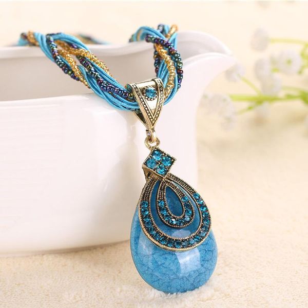

pendant necklaces elifashion retro bohemia style necklace multilayer beads chain crystal water drop design resin, Silver