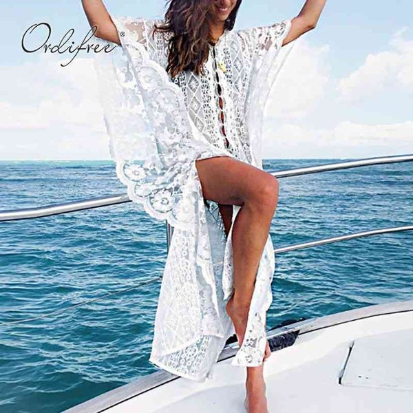 Mulheres verão encobrem-up sexy transparente branco laço longo vestido de praia 210415