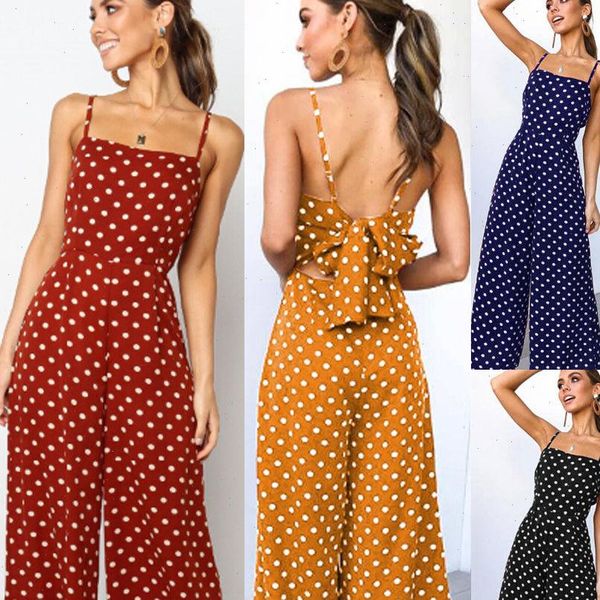 

elegant sleeveless polka womens rompers dots loose trousers wide leg pants holiday backless bow leotard overalls, Black;white