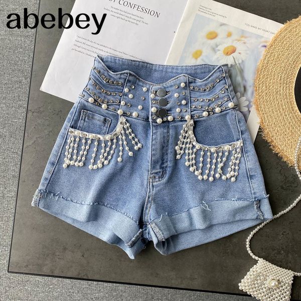 

fashion tassel denim shorts women high waist casual straight club jeans summer 210512, White;black