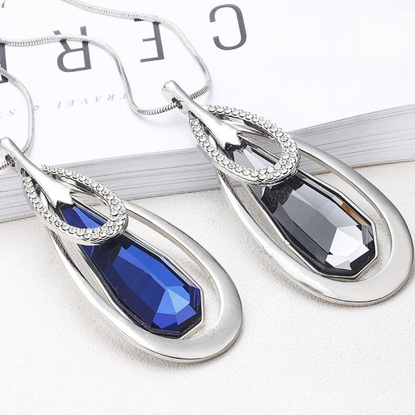 

ladies exquisite crystal drop shape long pendant necklace versatile clothing fashion sweater chain necklace, Silver