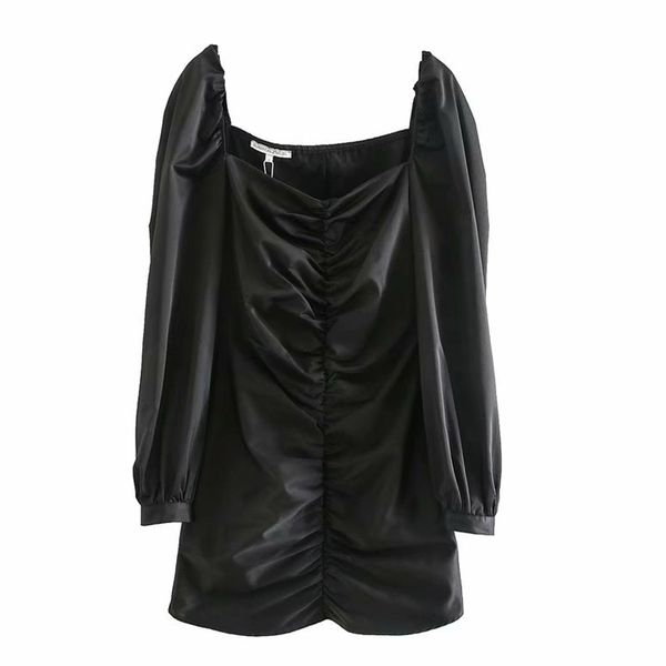 

vintage slim black draped dress women fashion square collar dresses elegant ladies long sleeve mini dresses 210520, Black;gray