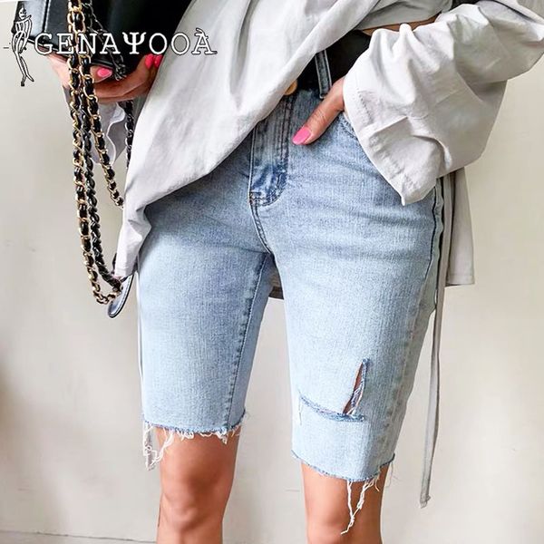 

genayooa skinny stretch biker feminino high waist plus size korean denim jeans shorts women summer 210417, White;black