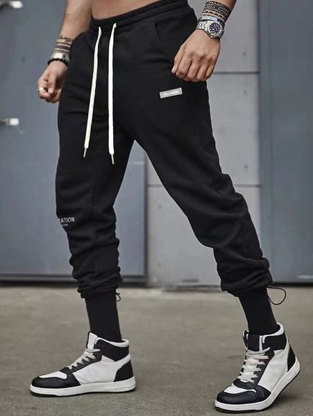 

men letter graphic patched detail drawstring waist sweatpants k3d1#, Black