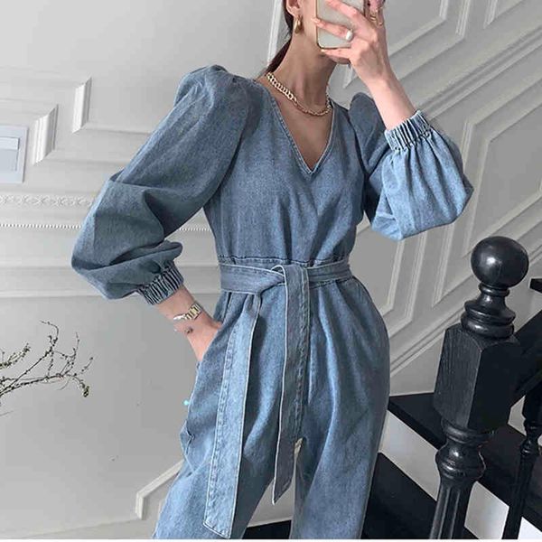 

blue denim simplicity bandage loose fit women jumpsuit high waist pocket stitch pants fashion spring autumn 2f0352 210510, Black;white