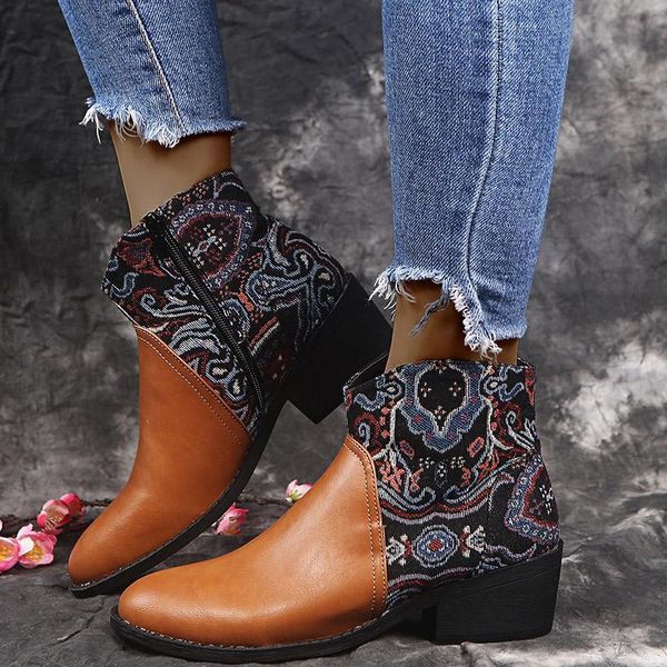 

boots women ankle for autumn big size winter print embroidery pointed toe pu leather shoe female comfort footwear s9sp, Black