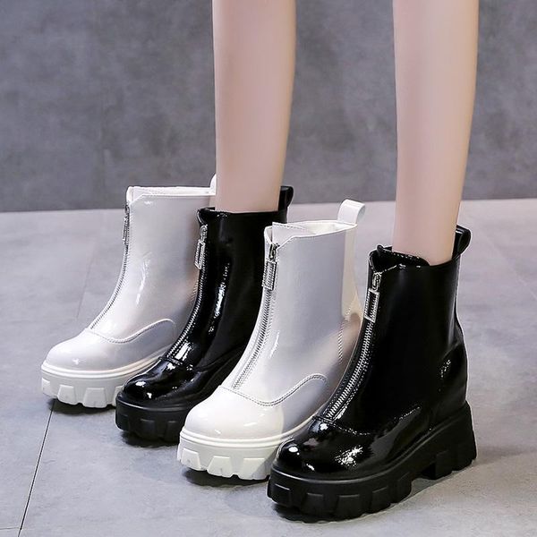 

boots woman height increasing fashion chunky platform winter shoes drop patent leather front zipper women's ankle, Black