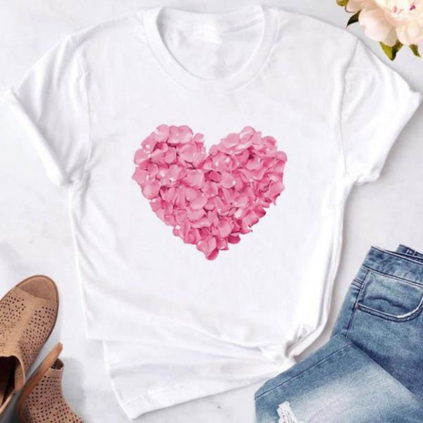 

women's t-shirt gaoke pink heart flower print women t shirt polyester casual funny gift 90s lady yong girl drop ship, White