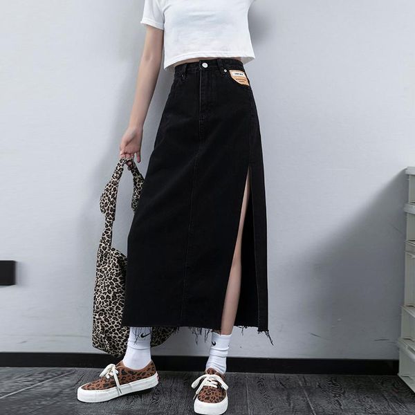 

skirts skirt women 2021 long womens jeans denim clothing vintage casual streetwear korean fashion, Black