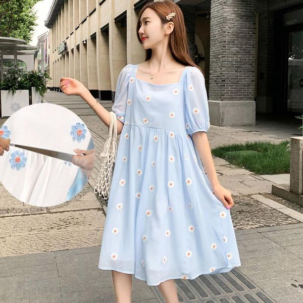 

embroidery breast feeding dress bow chiffon daisy backless maternity cute clothes for pregnant women loose pregnancy 2021 dresses, White