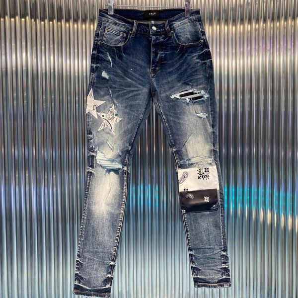 

men's jeans patchwork jean men korean high street fashion blue hole stacked graphic star stitching slim feet motorcycle pant