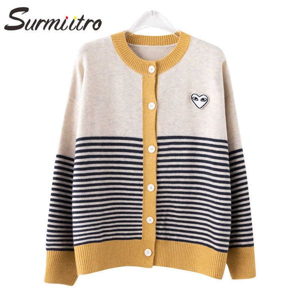 

surmiitro autumn winter korean style cardigan women stripe heart embroidery knitwear long sleeve sweater female knit jacke 210712, White;black