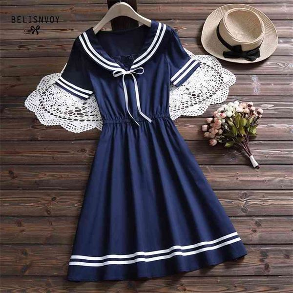 Summer Donne Delle Donne Vestito Femminile Collar Collar College Manica Corta Carino Preppy Style ES per ragazze Navy Wind Bow Sweet 210520