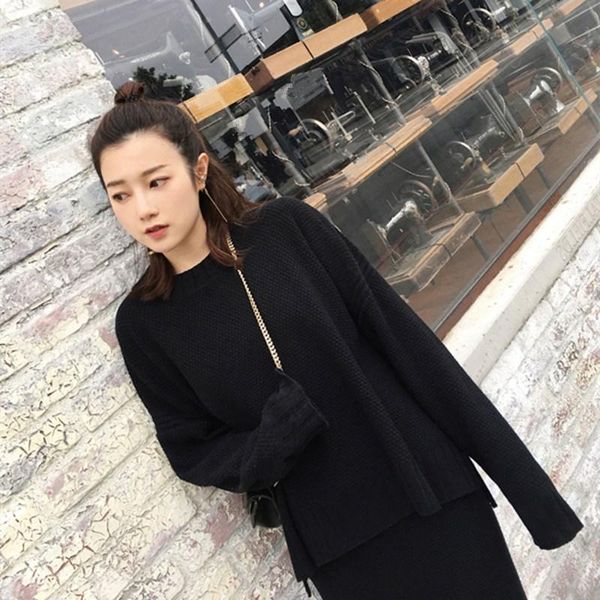 

women knitted suit skirt and set winter autumn long sleeve female knitwear two pieces midi skirts sets women's piece pants, White