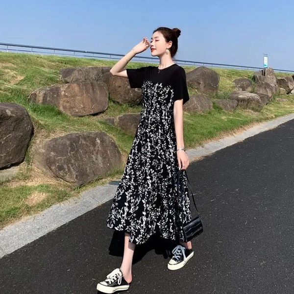 

dress women's summer dress large medium length patchwork floral skirt temperament high waist slim long, Black;gray