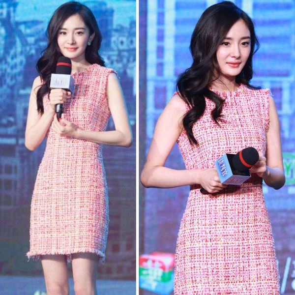 

casual mi's yang dresses same pink tweed round neck sleeveless small fragrance slim medium length dress special for women, Black;gray
