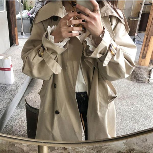 

women's trench coats spring autumn loose cotton long women coat plus size double breasted windbreaker vintage korean ladies overcoats u, Tan;black