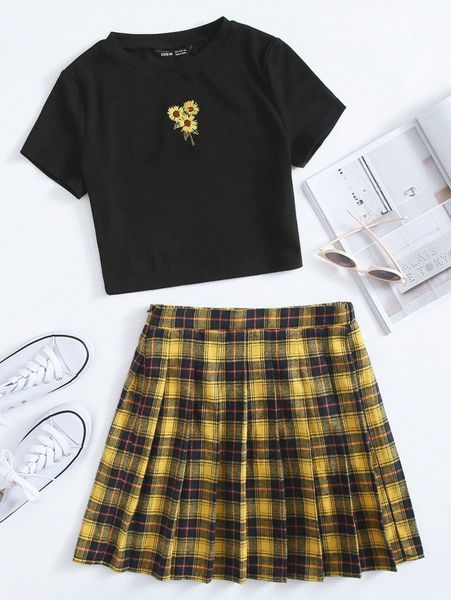 

sunflower embroidered & tartan pleated skirt set k12y#, White