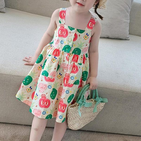 

girl's dresses girls dress fruit printing high waist button placket cute sling for outdoor, Red;yellow