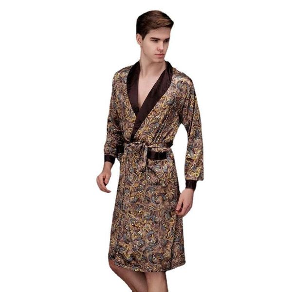 Herren-Freizeithemden, Herren-Robe, Satin-Seidenpyjama, langärmelig, mittellang, zu Hause, Bademantel, Eis-Nachtwäsche für Herren, Nachthemd