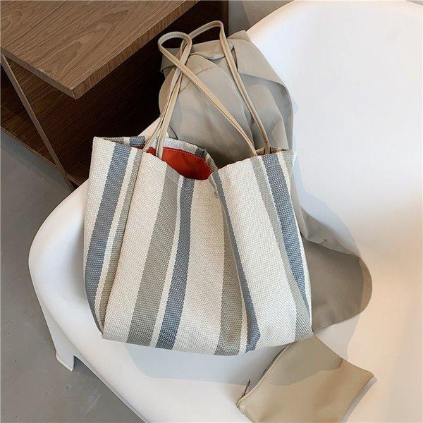 

striped canvas bag simple shoulder for women shopping and traveling large capacity casual bags