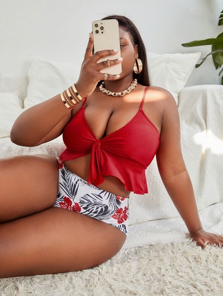 

plus plant print knot front bikini swimsuit k8vw#, Black