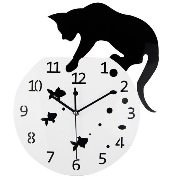 

wall clocks 3d home decor acrylic clock cat and fish design big watch quartz living room decorative