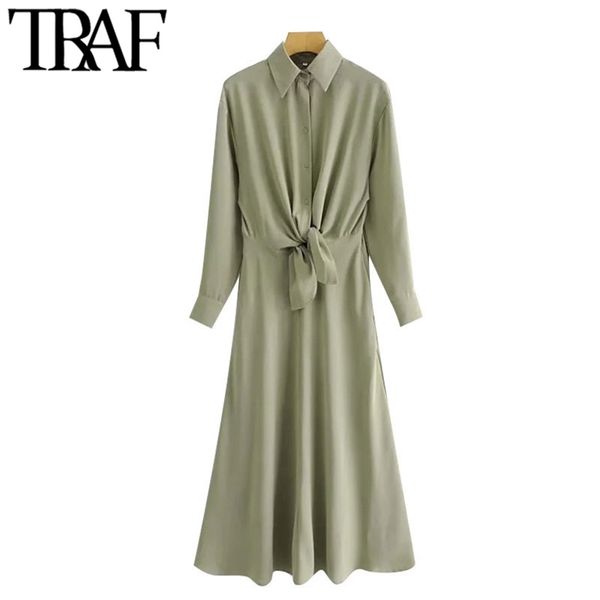 

women chic fashion with knot pleated midi shirt dress vintage long sleeve button-up female dresses vestidos mujer 210507, Black;gray