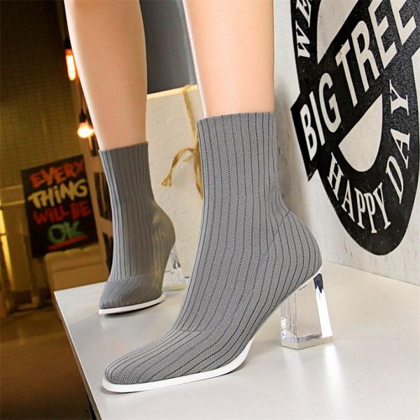

boots fashion transparent crystal heels women spring gray square toe knitting stretch woman shoes platform female sock, Black