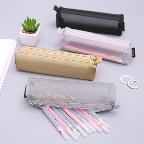 

pencil bags 1pc transparent mesh case storage bag portable student writing stationery box pen pouch organizer gifts