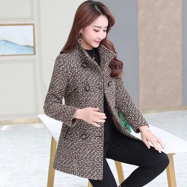 

women's wool & blends women coat autumn winter 2021 fashion mother turtleneck plaid slim long tweed woolen outerwear overcoat female, Black
