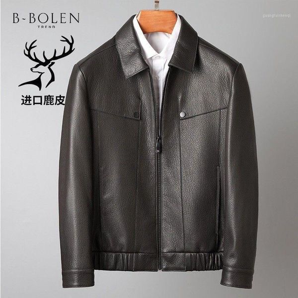 

men's leather & faux autumn authentic deerskin clothes high-grade genuine jacket lapel business casual coat, Black