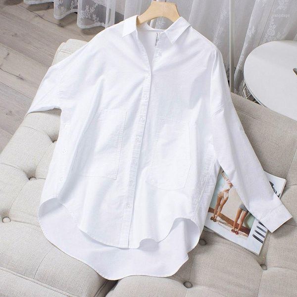 

women's blouses & shirts 2021 women cotton long sleeve korean style solid turn down collar female plus size office ladies basic s385, White