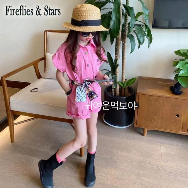 

jumpsuits summer girls overall baby one piece kids children clothes streetwear rose pocket waistband cotton 5 to 13 yrs, Blue