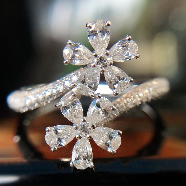 

trendy water drop pear shaped flowers rings for women crystal zircon wedding engagement female jewelry gift, Slivery;golden