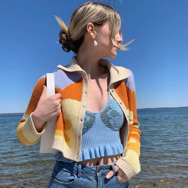 

women's jackets women autumn vintage french style sunshine print short knitted sweater chic lady fashion single breasted loose cardigan, Black;brown