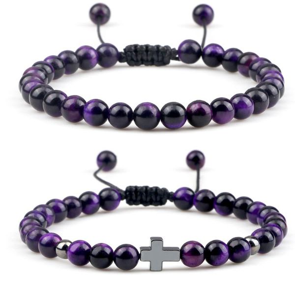 

beaded, strands 6mm natural purple tiger eye beads bracelet hematite cross onyx prayer bangle jewelry yoga energy buddha gift for men women, Black