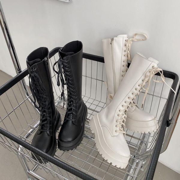 Botas Inverno Joelho PU Couro Mulheres Alta Plataforma Gótica Sapatos Lace Up Motocicleta Preto Branco