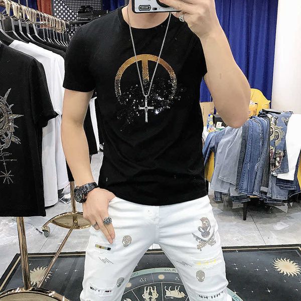 

men's t-shirts t shirts designer beads slim t-shirt 100% cotton rhinestones personality pattern breathable short sleev bylq, White;black