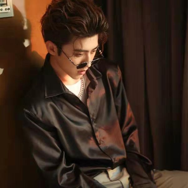 

korea harajuku gothpunk style male god slim silk shirt trendy elegant vintage abstinence juvenile all-match man men's casual shirts, White;black