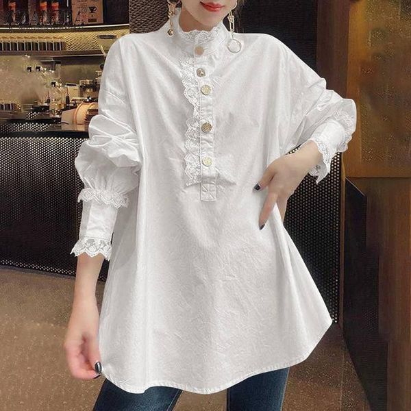 

women's blouses & shirts zanzea fashion french elegant 2021 autumn solid lace patchwork tunic womens stand collar white blouse casual