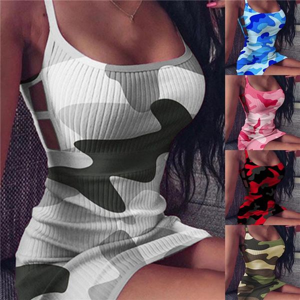 

casual dresses 2021 summer women beach dress sleeveless ribbed camouflage print club bodycon sling, Black;gray