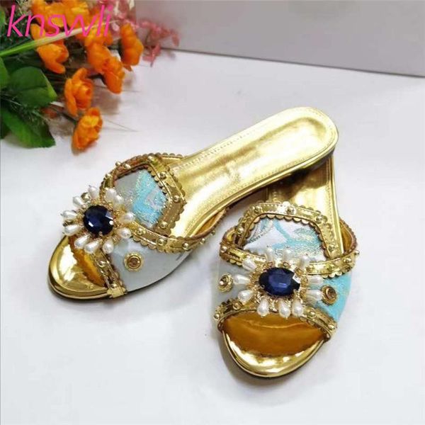 

crystal flowers flat women slippers pearl rivets casual summer mules ladies brand shoes woman slides jewels studded sandals, Black